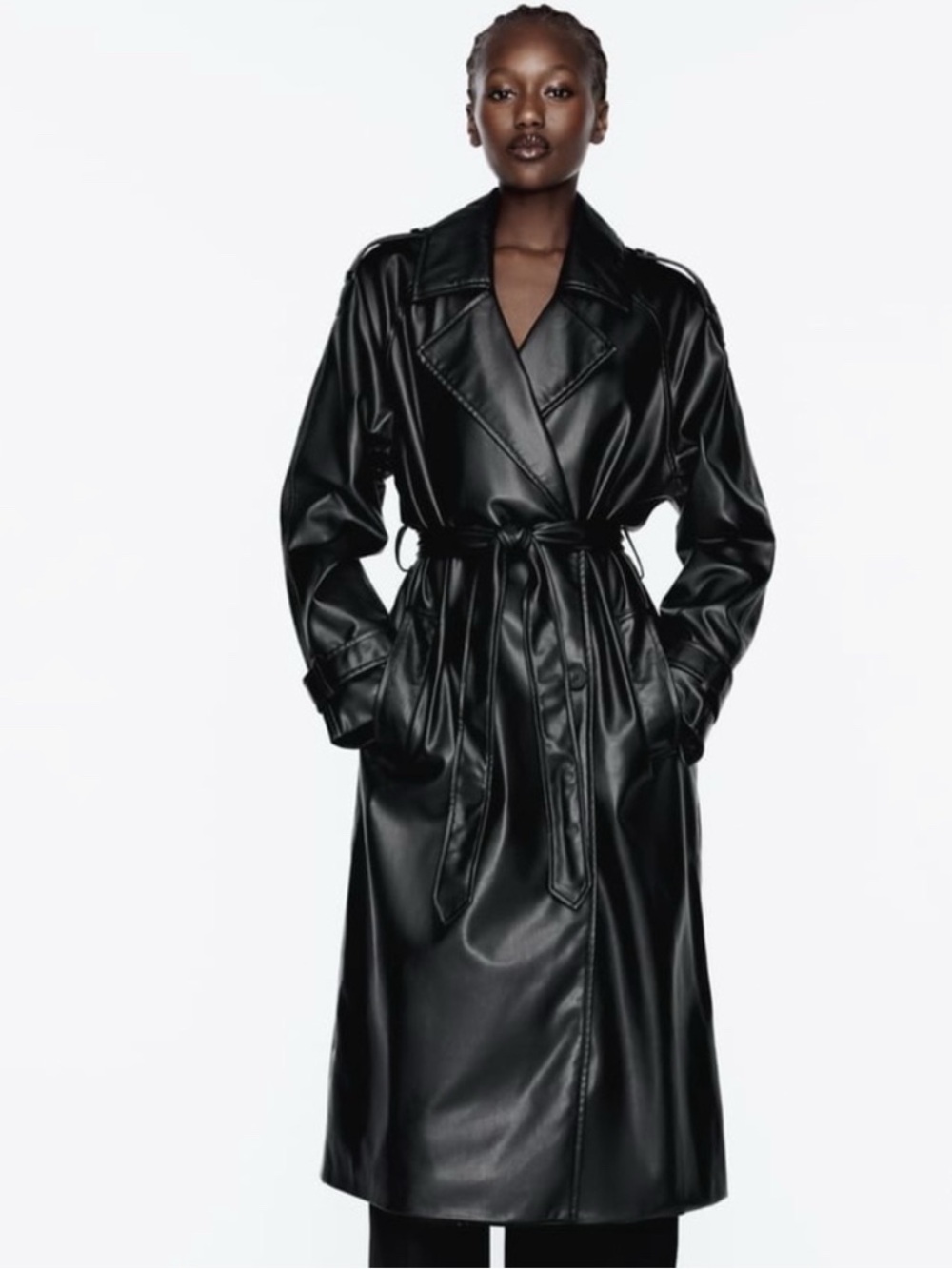 Zara Women's Black Faux Leather Trench Coat with Belt